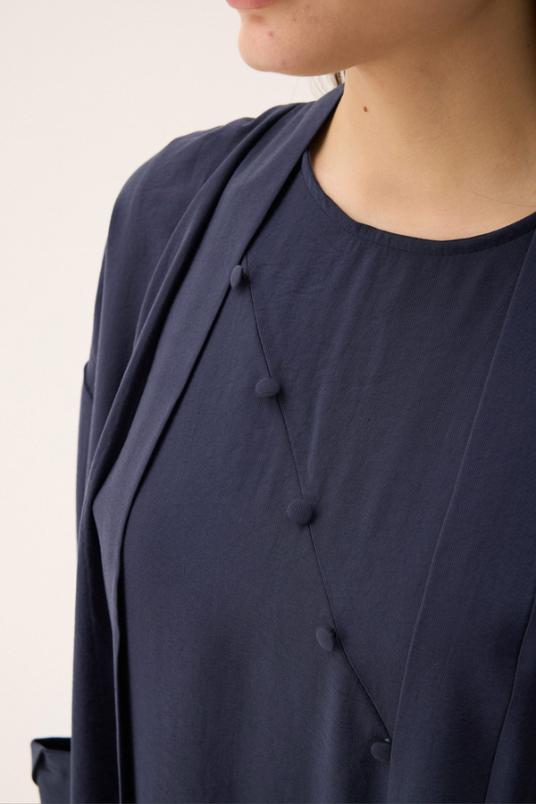 Elbisesi Düğmeli Abaya Takım Lacivert - 3