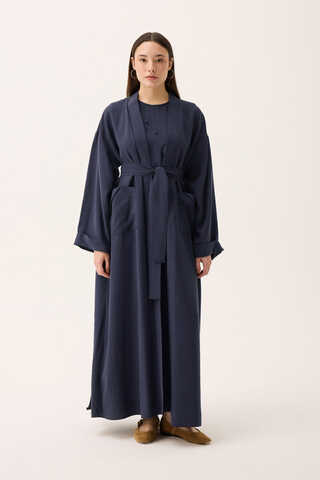 Elbisesi Düğmeli Abaya Takım Lacivert - 5