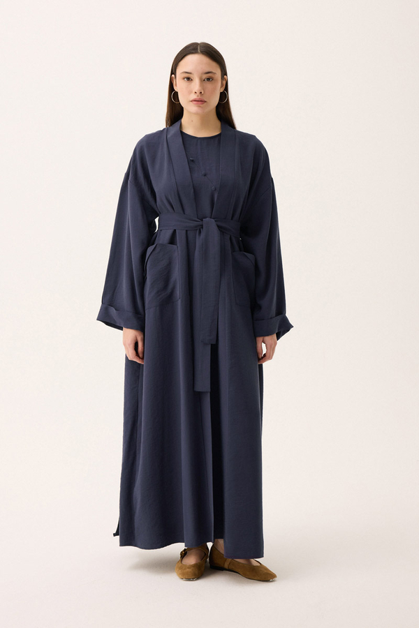 Elbisesi Düğmeli Abaya Takım Lacivert - 5