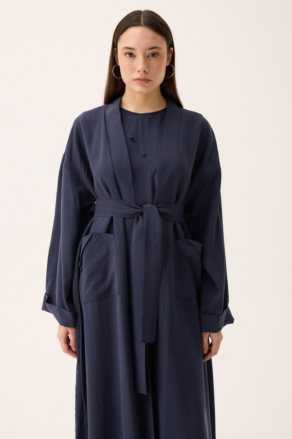 Elbisesi Düğmeli Abaya Takım Lacivert - 11