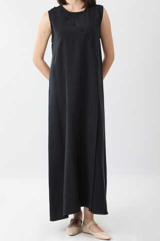 Elbisesi Düğmeli Abaya Takım Siyah - 5