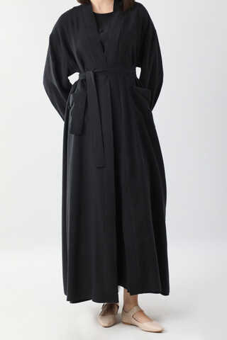 Elbisesi Düğmeli Abaya Takım Siyah - 8