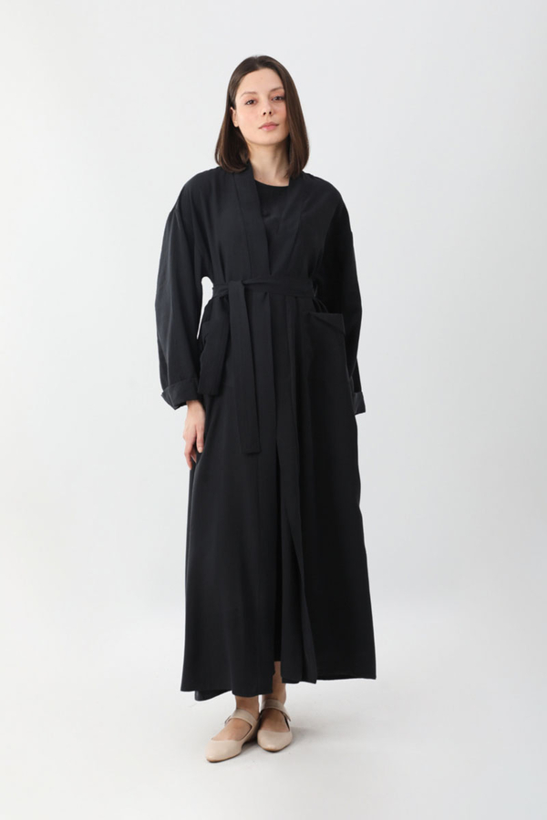 Elbisesi Düğmeli Abaya Takım Siyah - 9