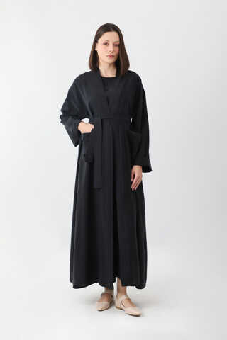 Elbisesi Düğmeli Abaya Takım Siyah - 10