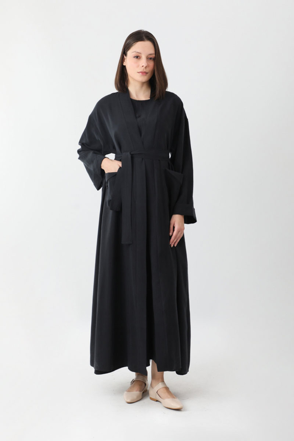 Elbisesi Düğmeli Abaya Takım Siyah - 10
