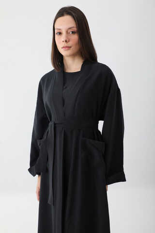 Elbisesi Düğmeli Abaya Takım Siyah - 12