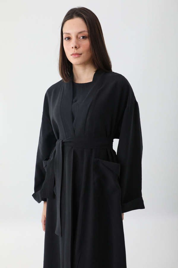 Elbisesi Düğmeli Abaya Takım Siyah - 12