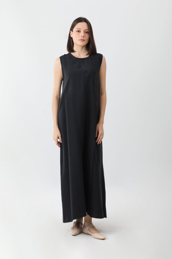 Elbisesi Düğmeli Abaya Takım Siyah - 4