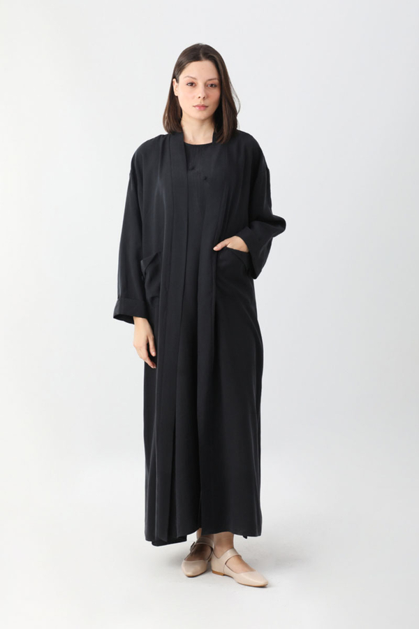 Elbisesi Düğmeli Abaya Takım Siyah - 2