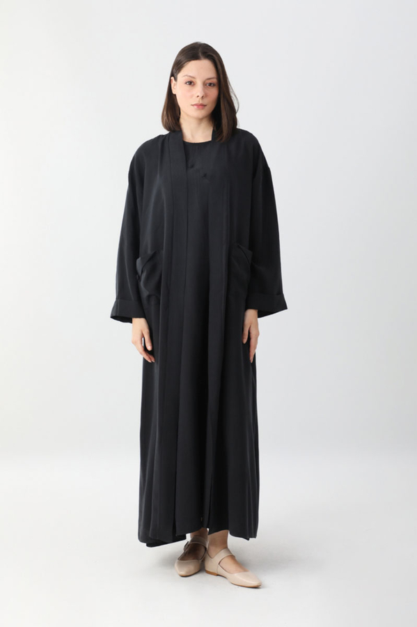 Elbisesi Düğmeli Abaya Takım Siyah - 6