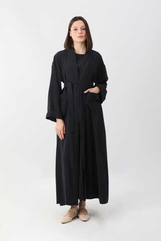 Elbisesi Düğmeli Abaya Takım Siyah - 1