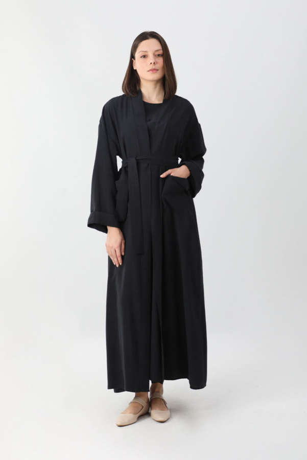 Elbisesi Düğmeli Abaya Takım Siyah - 1