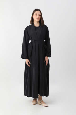 Elbisesi Düğmeli Abaya Takım Siyah - 7