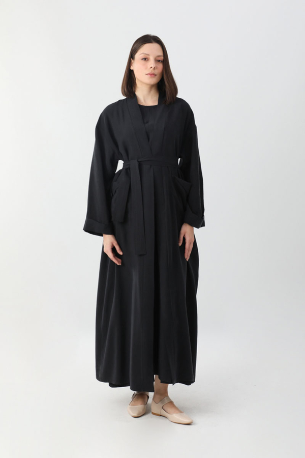 Elbisesi Düğmeli Abaya Takım Siyah - 7