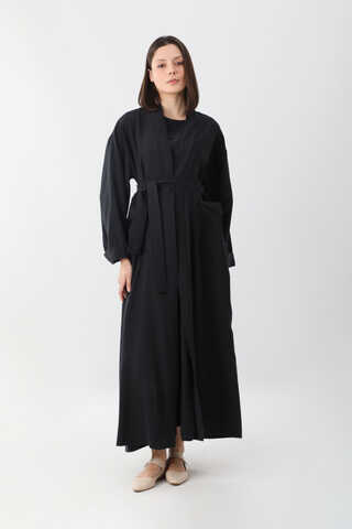Elbisesi Düğmeli Abaya Takım Siyah - 9