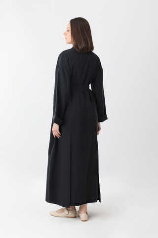 Elbisesi Düğmeli Abaya Takım Siyah - 11