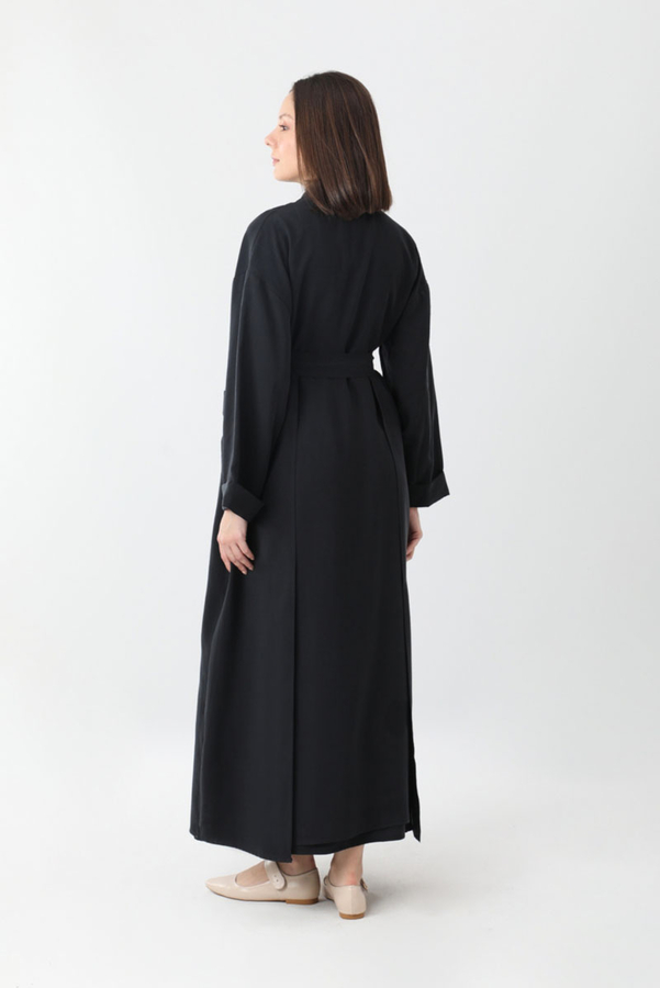 Elbisesi Düğmeli Abaya Takım Siyah - 11