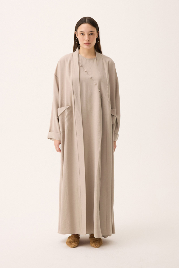 Elbisesi Düğmeli Abaya Takım Taş - 4