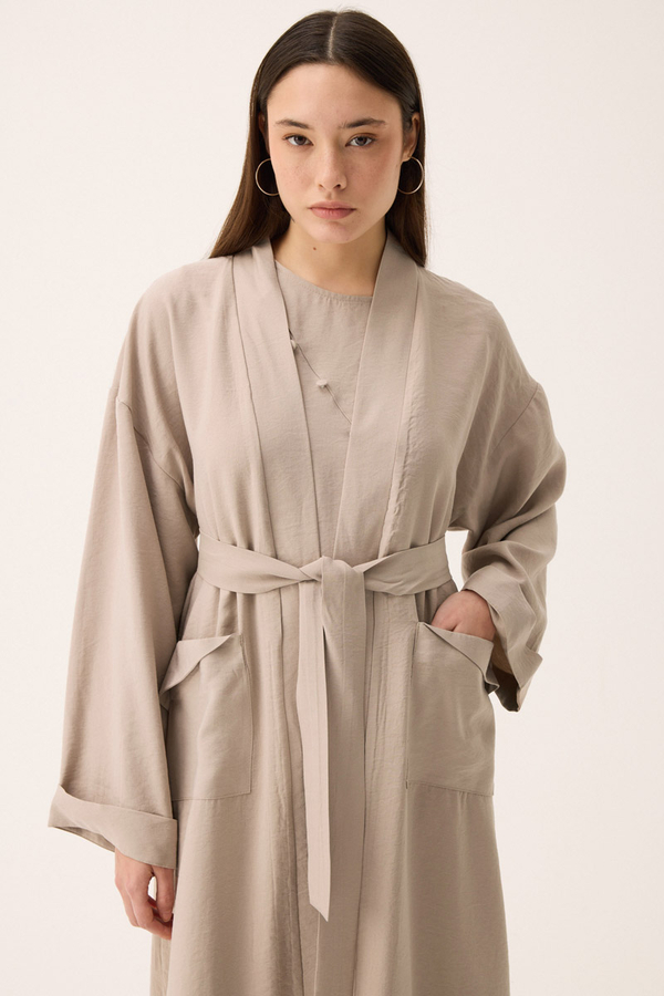 Elbisesi Düğmeli Abaya Takım Taş - 11