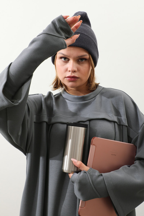 Eldiven Detay Elbise Antrasit - 3