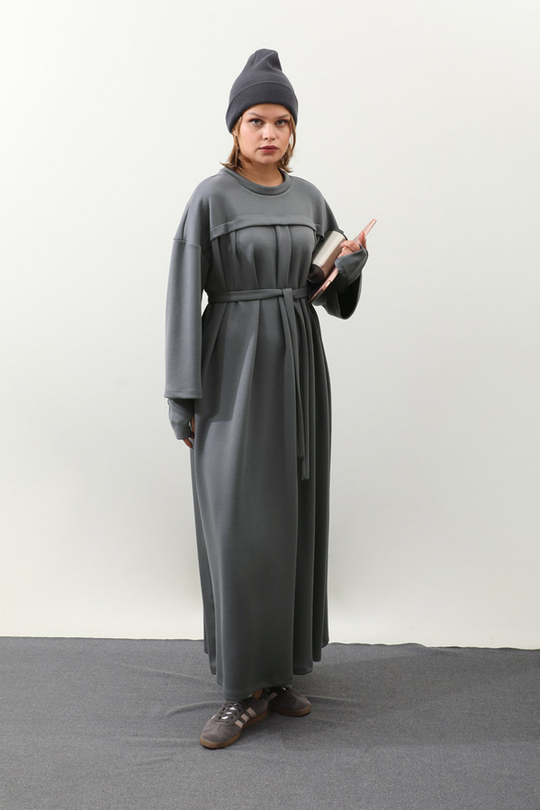 Eldiven Detay Elbise Antrasit - 6