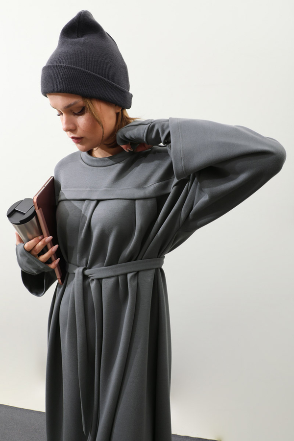 Eldiven Detay Elbise Antrasit - 7