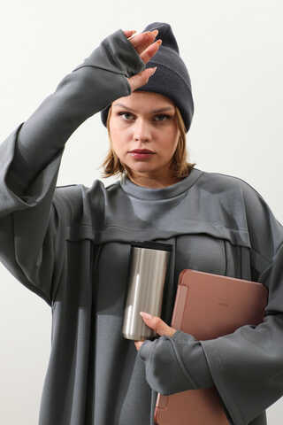 Eldiven Detay Elbise Antrasit - 3