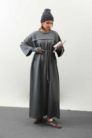 Eldiven Detay Elbise Antrasit - 5