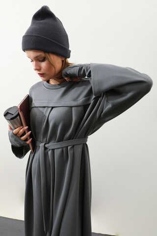 Eldiven Detay Elbise Antrasit - 7