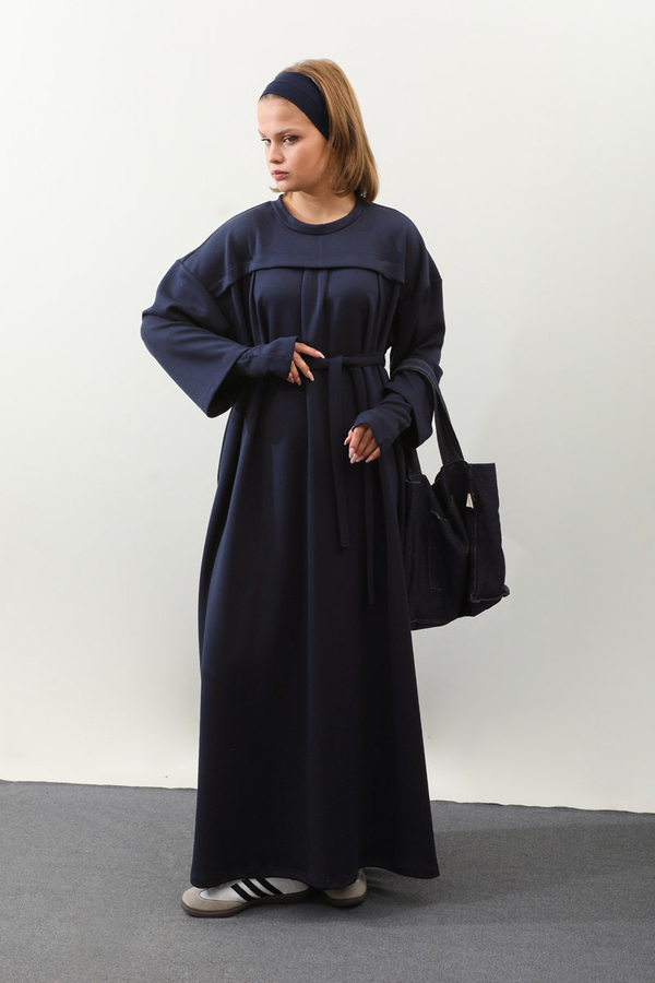 Eldiven Detay Elbise Lacivert - 4