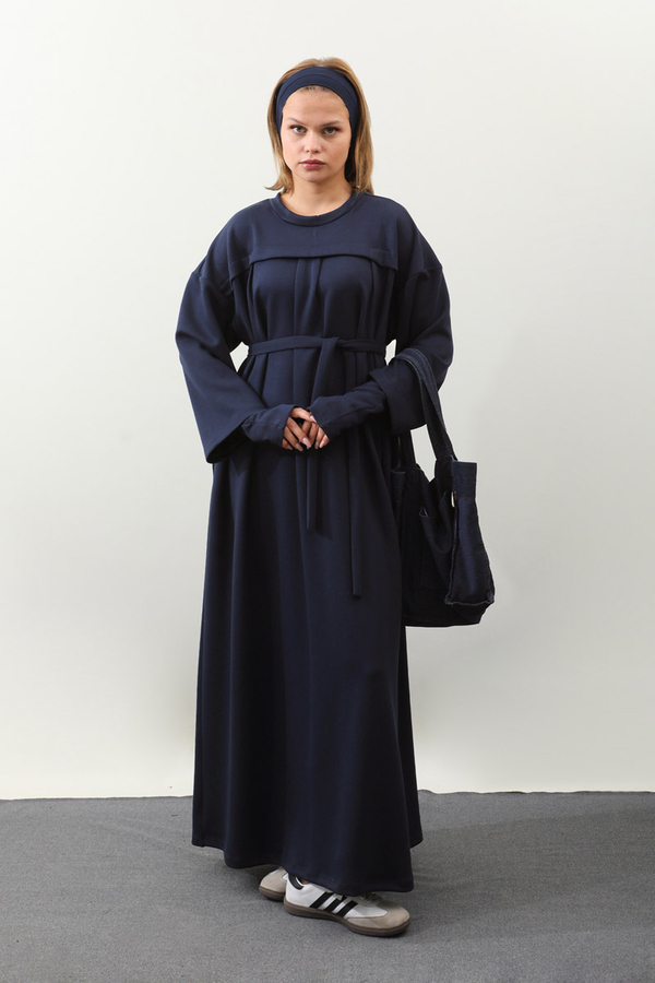 Eldiven Detay Elbise Lacivert - 1