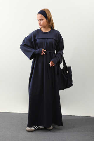 Eldiven Detay Elbise Lacivert - 4