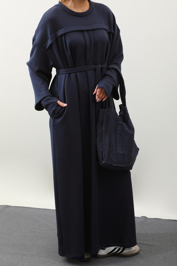 Eldiven Detay Elbise Lacivert - 5