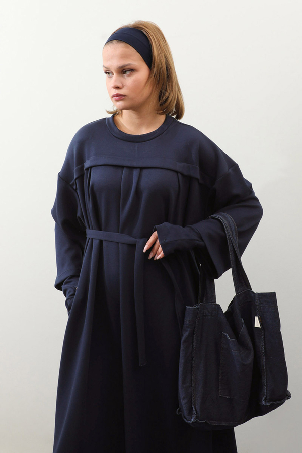 Eldiven Detay Elbise Lacivert - 7