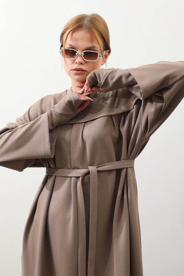 Eldiven Detay Elbise Toprak - 5