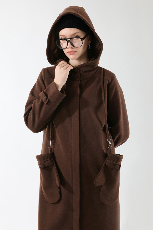 Eldivenli Kapüşonlu Kaban Kahverengi - 3