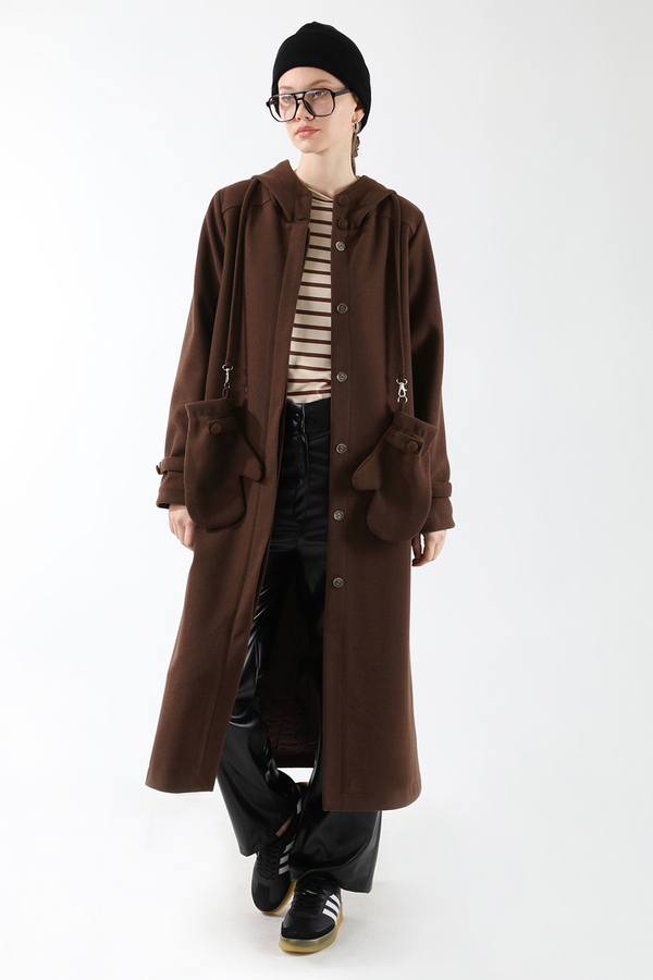 Eldivenli Kapüşonlu Kaban Kahverengi - 4