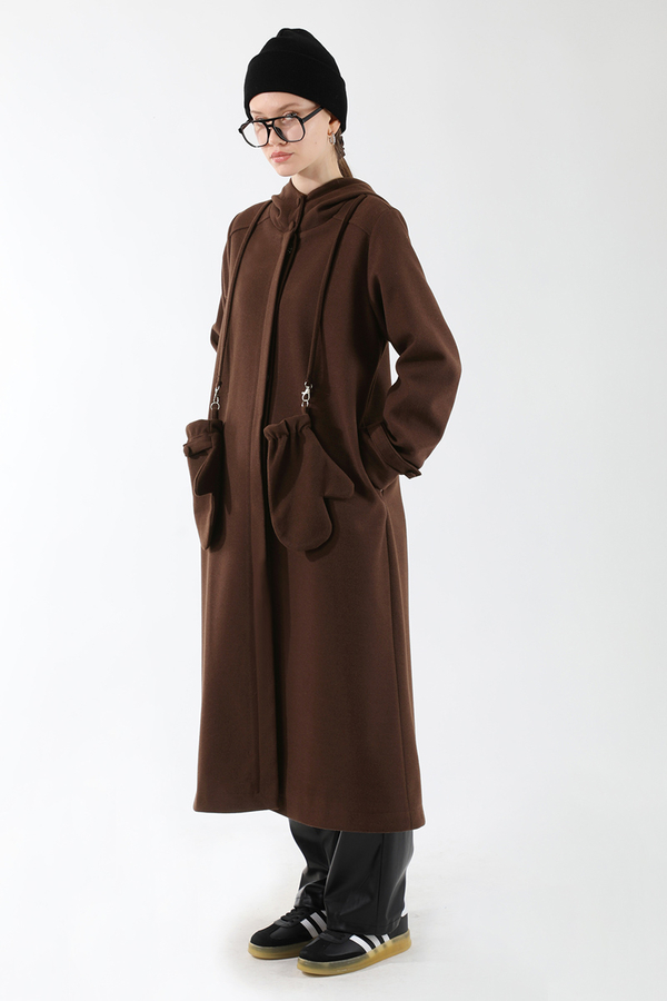 Eldivenli Kapüşonlu Kaban Kahverengi - 1