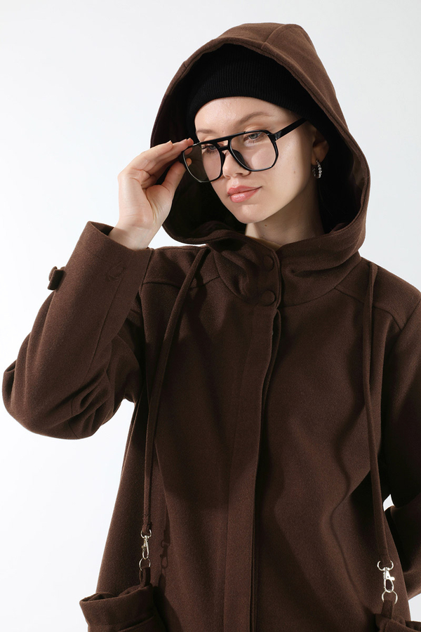 Eldivenli Kapüşonlu Kaban Kahverengi - 5