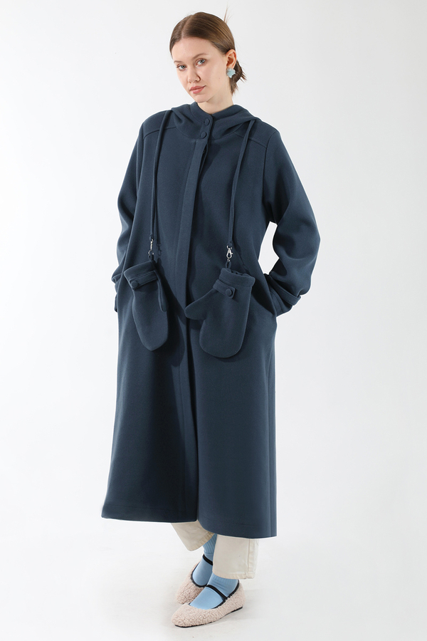 Eldivenli Kapüşonlu Kaban Lacivert - 3