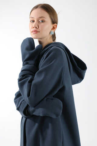 Eldivenli Kapüşonlu Kaban Lacivert - 4