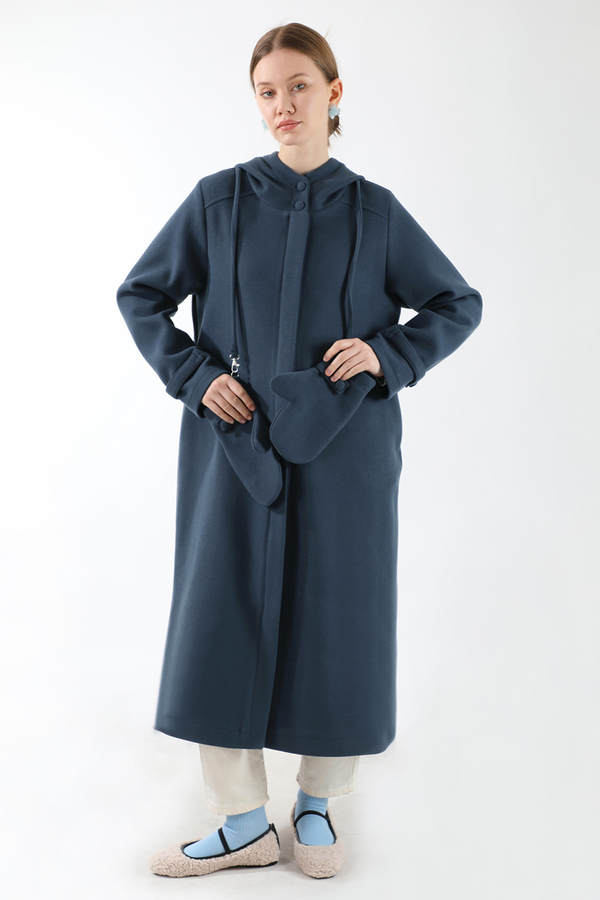 Eldivenli Kapüşonlu Kaban Lacivert - 5