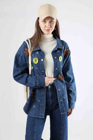 Embroidered Denim Shirt Dark Blue - 1