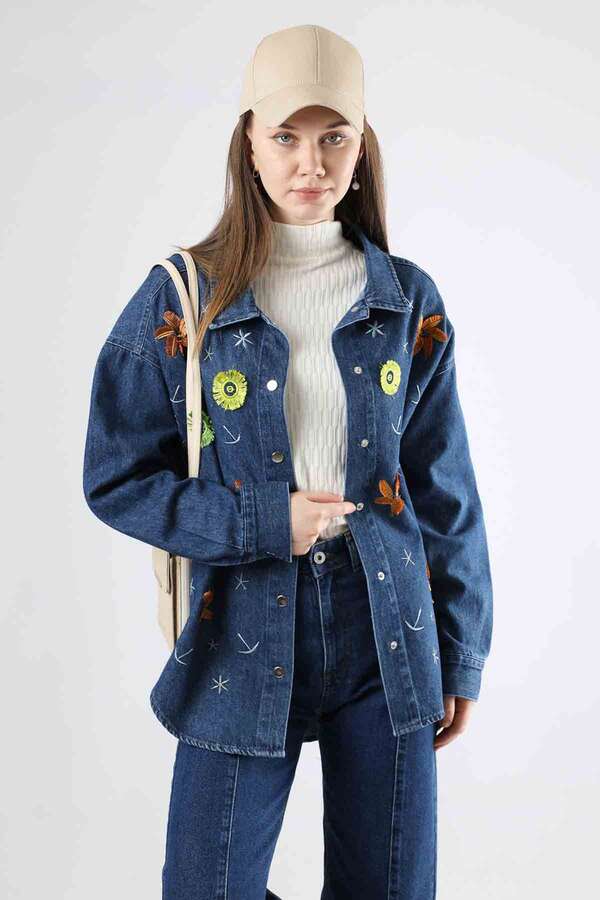 Embroidered Denim Shirt Dark Blue 