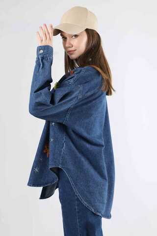 Embroidered Denim Shirt Dark Blue - 4