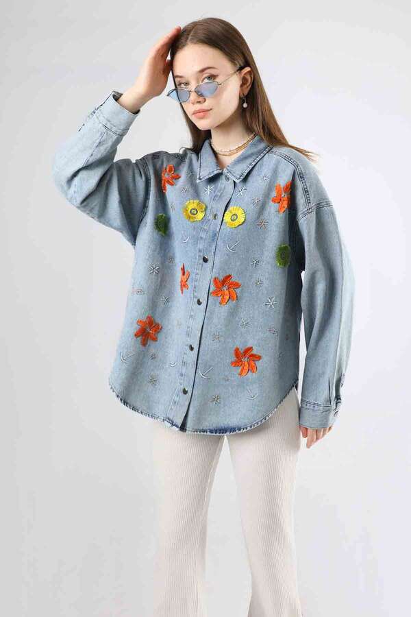 Embroidered Denim Shirt Light Blue - 1