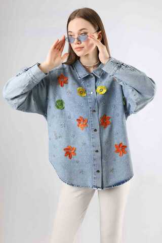 Embroidered Denim Shirt Light Blue - 3