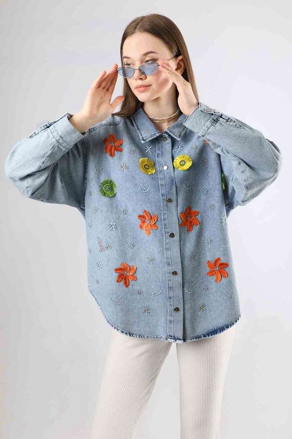 Embroidered Denim Shirt Light Blue - 3