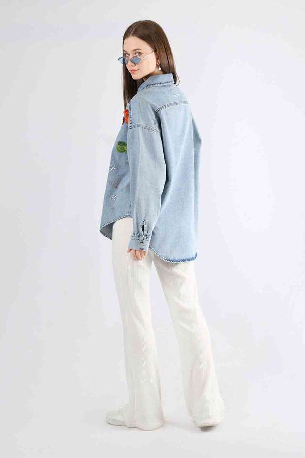 Embroidered Denim Shirt Light Blue - 4