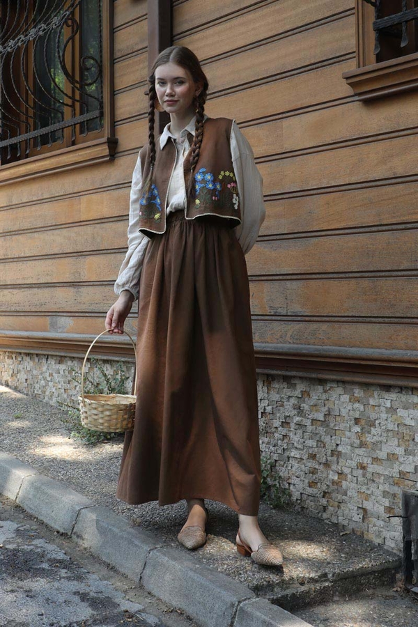 Embroidered Vest Skirt Set Brown - 2